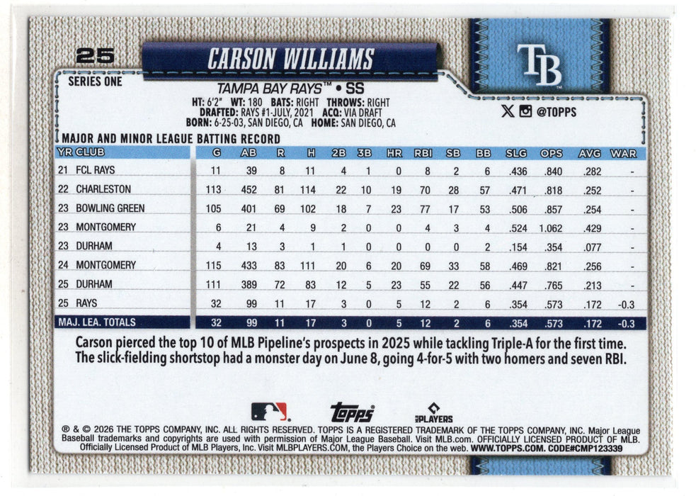 2026 Topps Series 1 Carson Williams #25 True Photo RC Rookie SSP