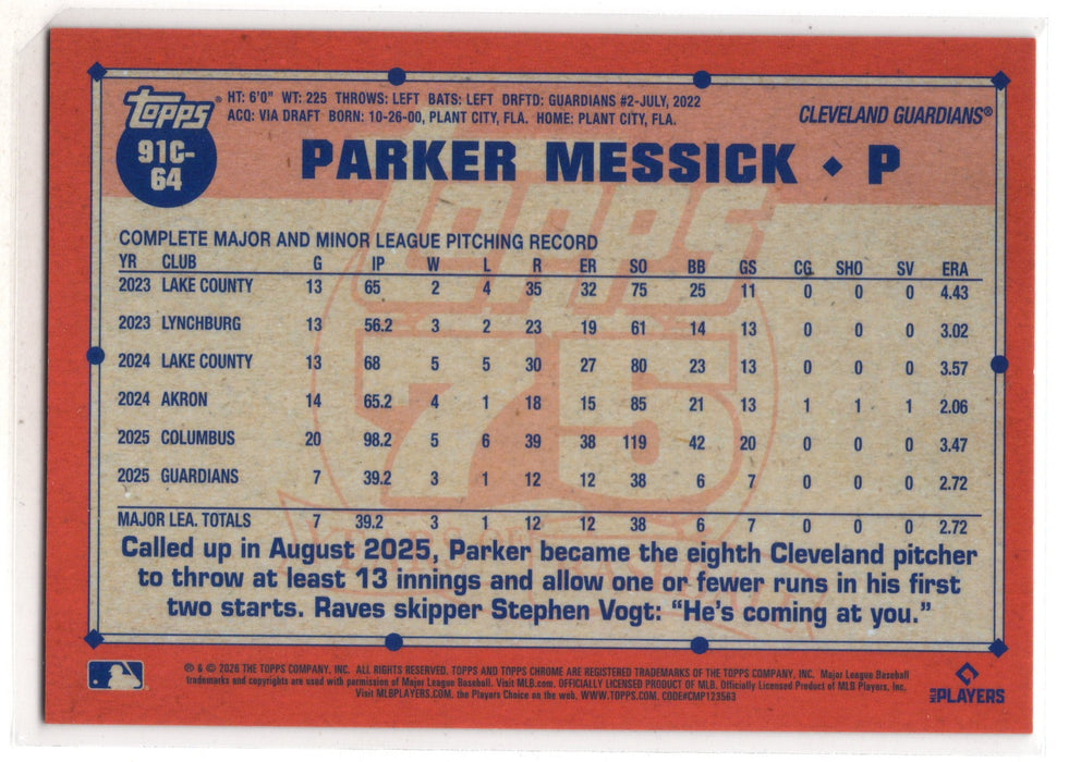 2026 Topps Chrome Parker Messick #91C-64 Chrome Silver Pack Gold Mojo Refractor RC Rookie /50