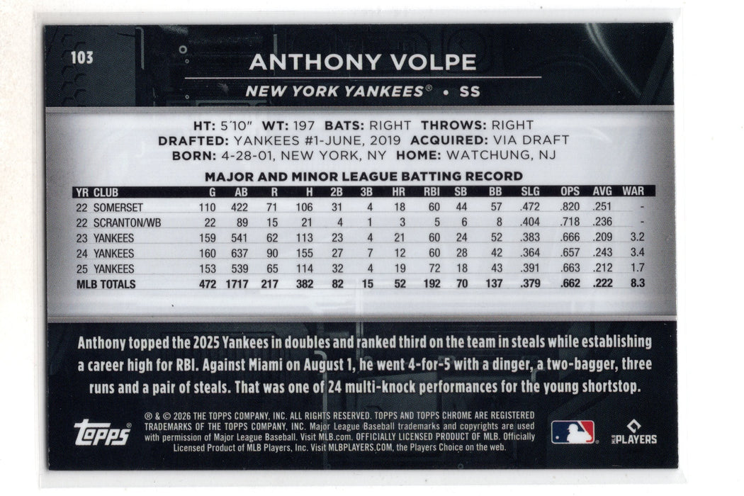 2026 Topps Chrome Black Anthony Volpe #103 Orange Wave Refractor /25