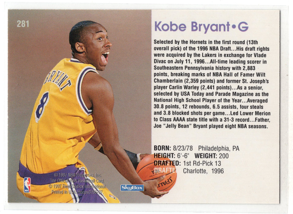 1997 Skybox NBA Hoops Kobe Bryant #281 RC Rookie A