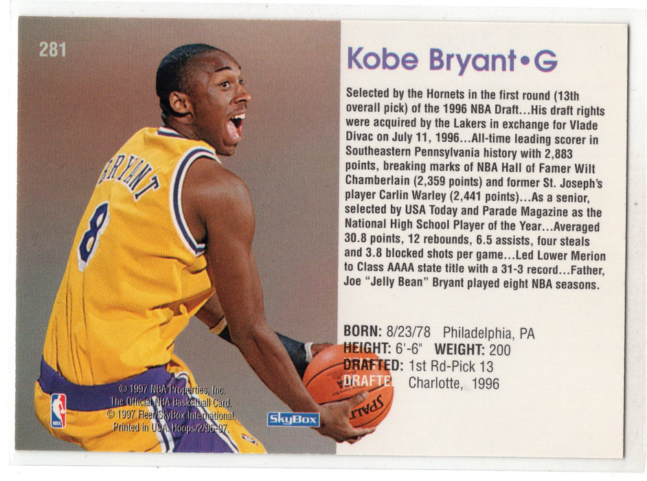 1997 Skybox NBA Hoops Kobe Bryant #281 RC Rookie B