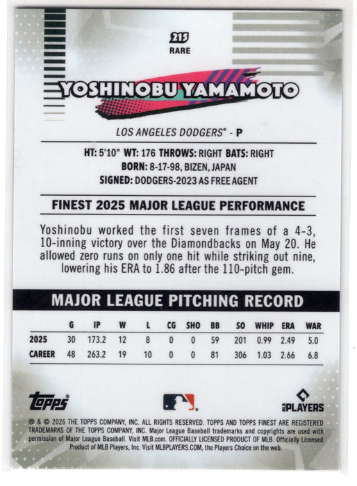 2026 Topps Finest Yoshinobu Yamamoto #215 Blue Refractor /150