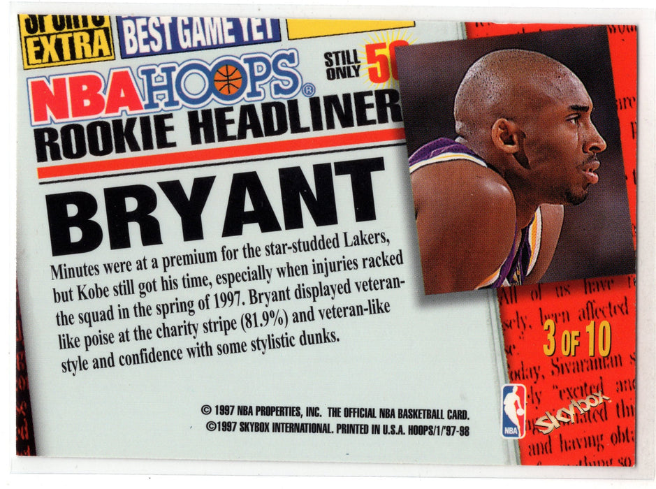 1997 Skybox NBA Hoops Kobe Bryant #3 Rookie Headliner RC
