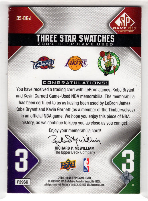2009 Upper Deck SP Kobe Bryant LeBron James Kevin Garnett #35-BGJ 3-Star Swatches GU Patch /299 - Back top left and bottom right dings