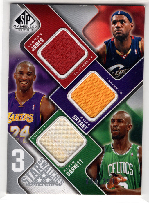 2009 Upper Deck SP Kobe Bryant LeBron James Kevin Garnett #35-BGJ 3-Star Swatches GU Patch /299 - Back top left and bottom right dings