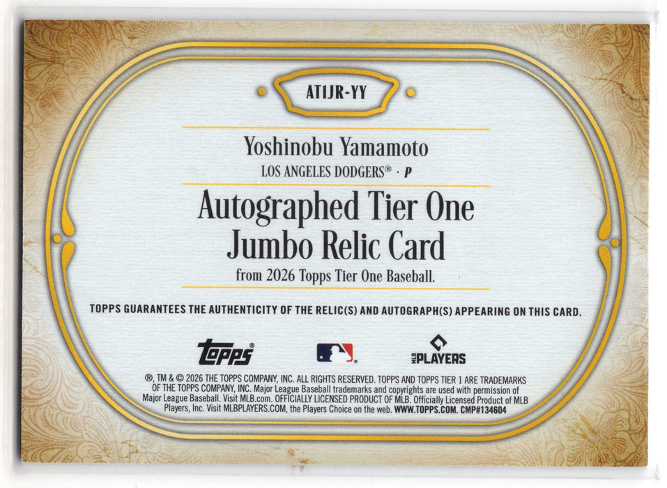 2026 Topps Tier 1 Yoshinobu Yamamoto #AT1JR-YY GU Jumbo Patch Auto /99