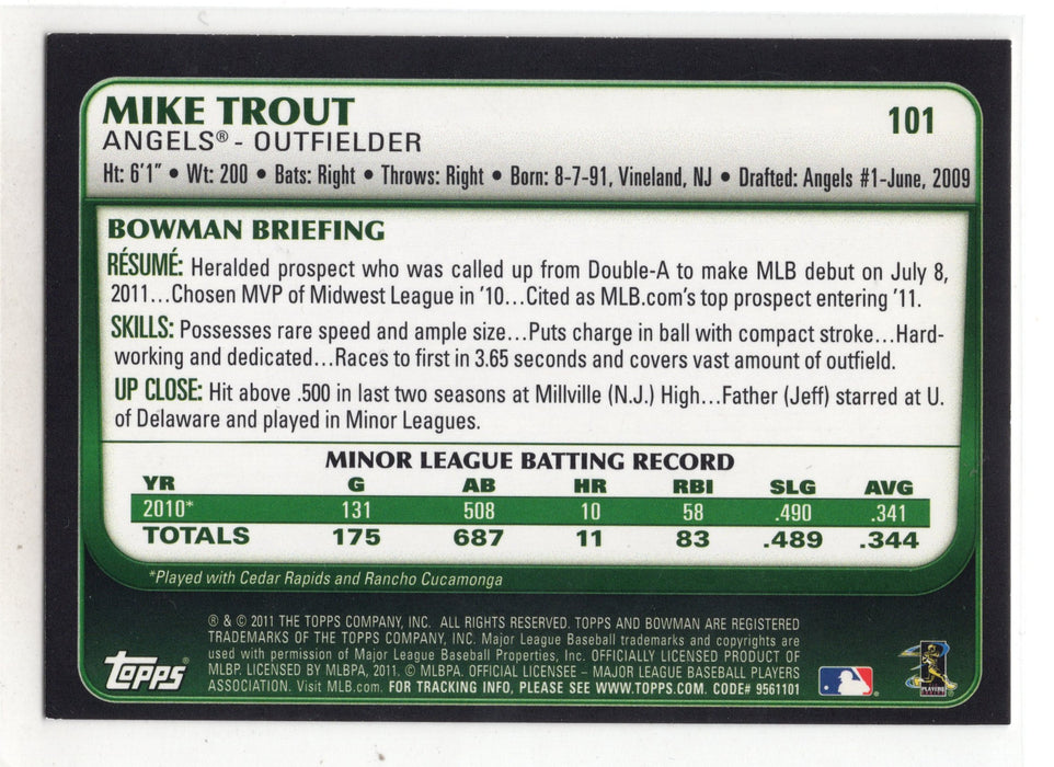 2011 Bowman Draft Picks & Prospects Mike Trout #101 RC Rookie