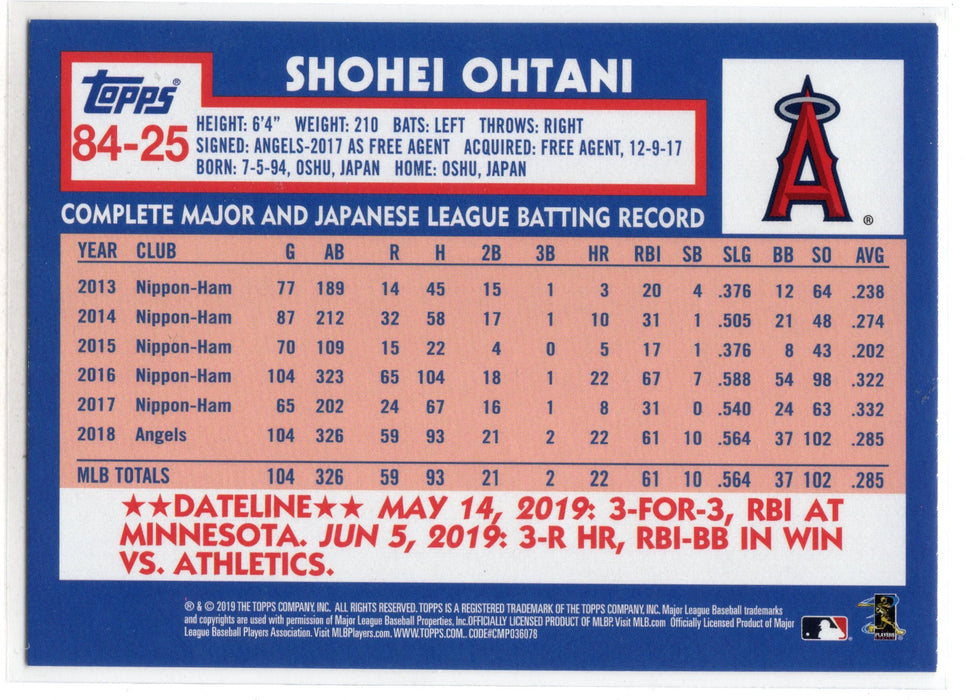 2019 Topps Update Series Shohei Ohtani #84-25 RC Rookie Error