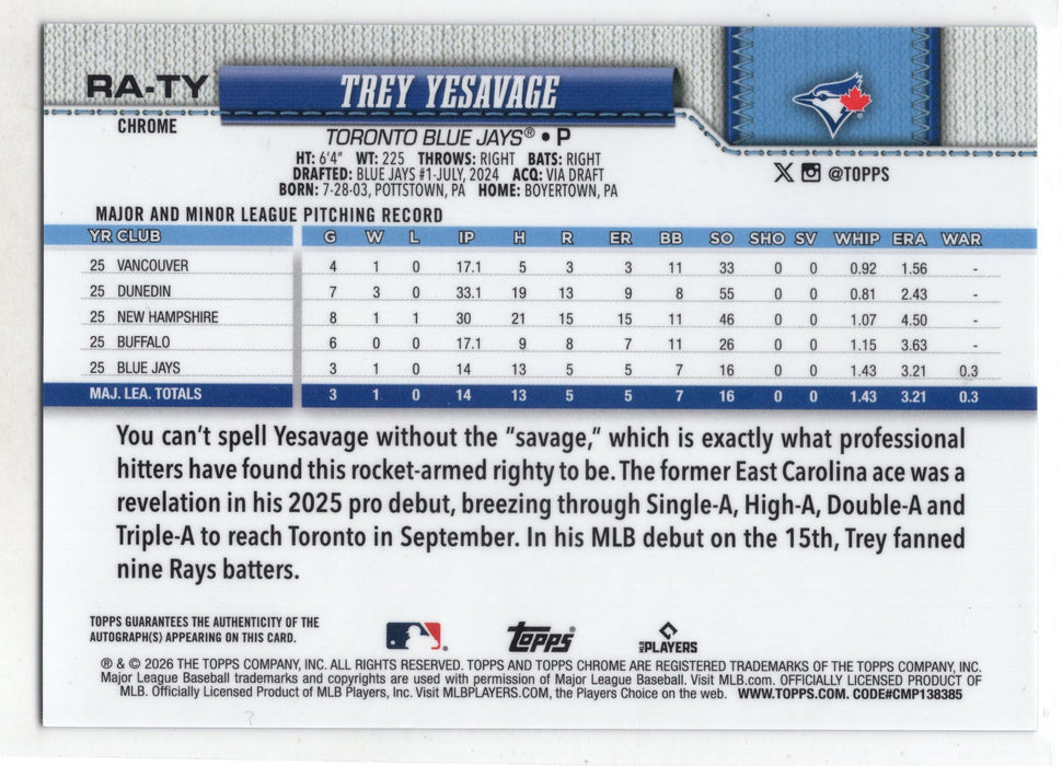 2026 Topps Chrome Trey Yesavage #RA-TY Blue RC Rookie Auto Color Match /150