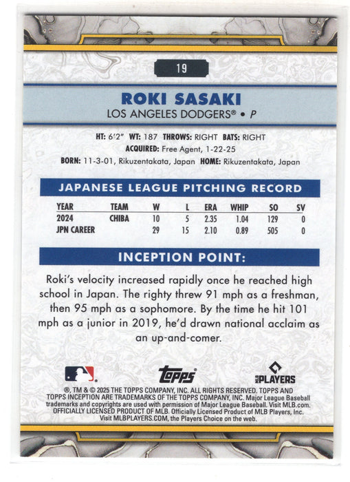 2025 Topps Inception Roki Sasaki #19 Yellow RC Rookie /199
