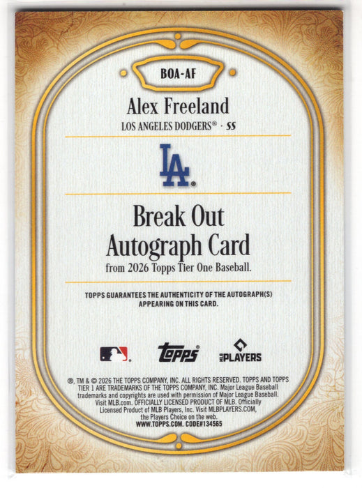 2026 Topps Tier 1 Alex Freeland #BOA-AF Breakout RC Rookie Auto /299