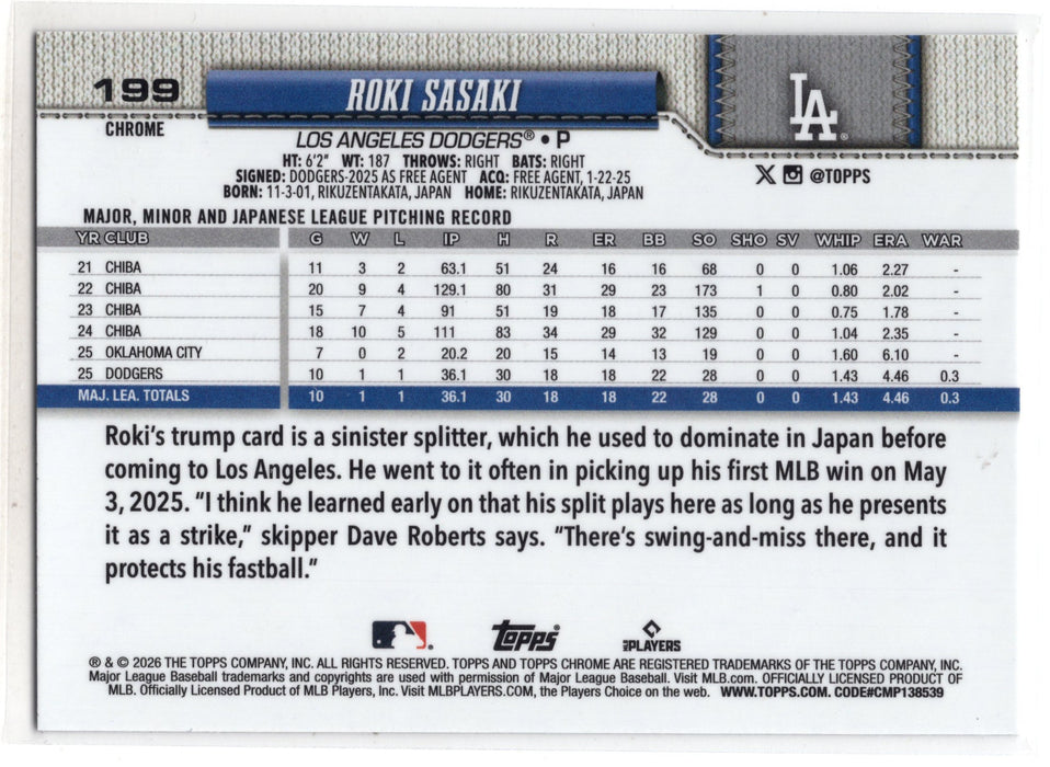 2026 Topps Chrome Roki Sasaki #199 Negative Refractor