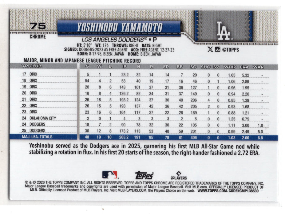 2026 Topps Chrome Yoshinobu Yamamoto #75 Negative Refractor