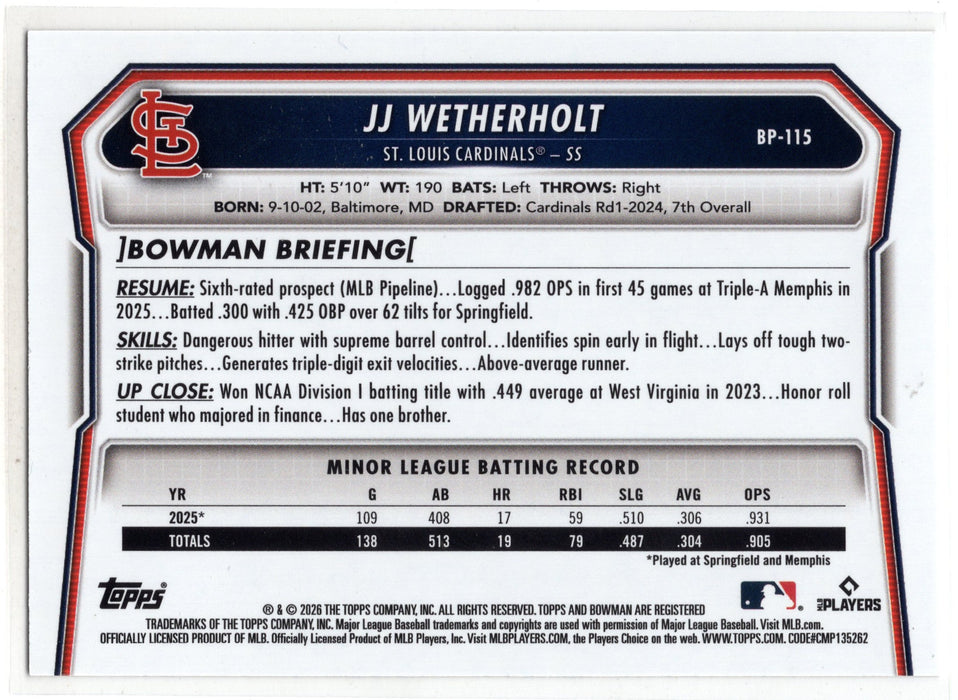 2026 Bowman JJ Wetherholt #BP-155 Scorecard Parallel /50