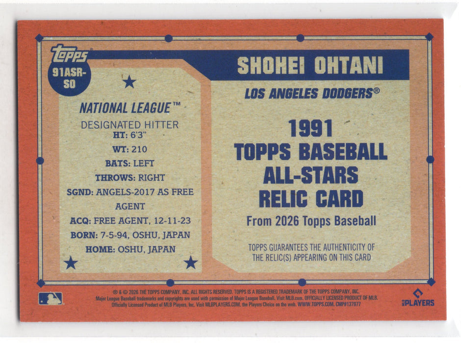 2026 Topps Series 2 Shohei Ohtani #91ASR-SO Blue 1991 Topps All-Star Relics /150