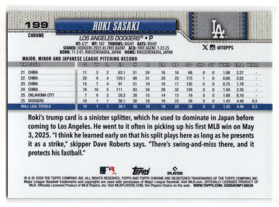 2026 Topps Chrome Roki Sasaki #199 Gold Geometric Refractor /50