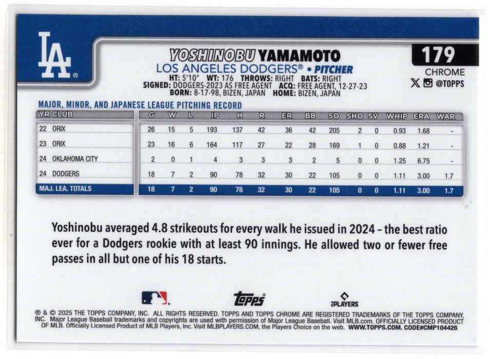 2025 Topps Chrome Yoshinobu Yamamoto #179 Blue Lava Refractor /150