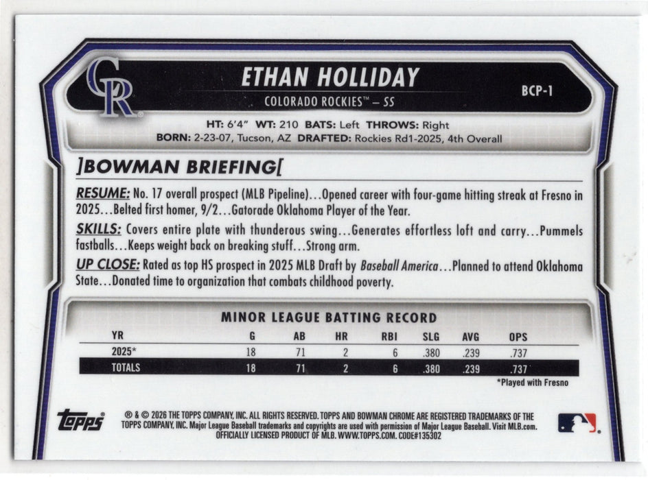 2026 Bowman Chrome Prospects Ethan Holliday #BCP-1 Lava Refractor RC /399