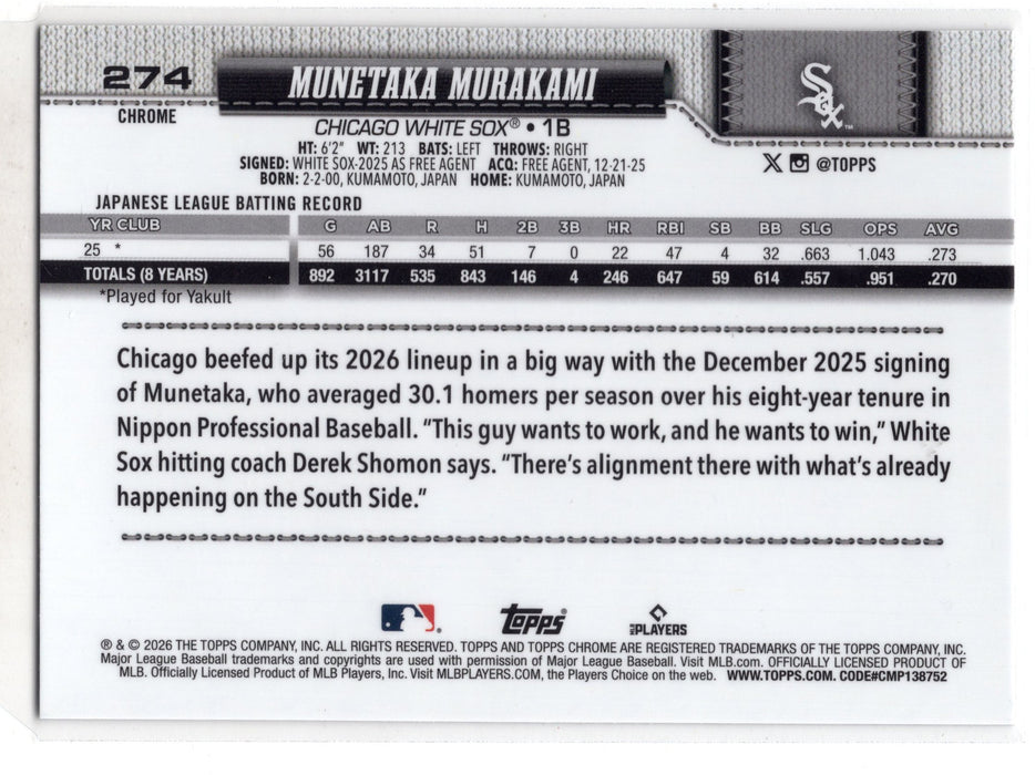 2026 Topps Chrome Munetaka Murakami #274 Refractor RC Rookie A