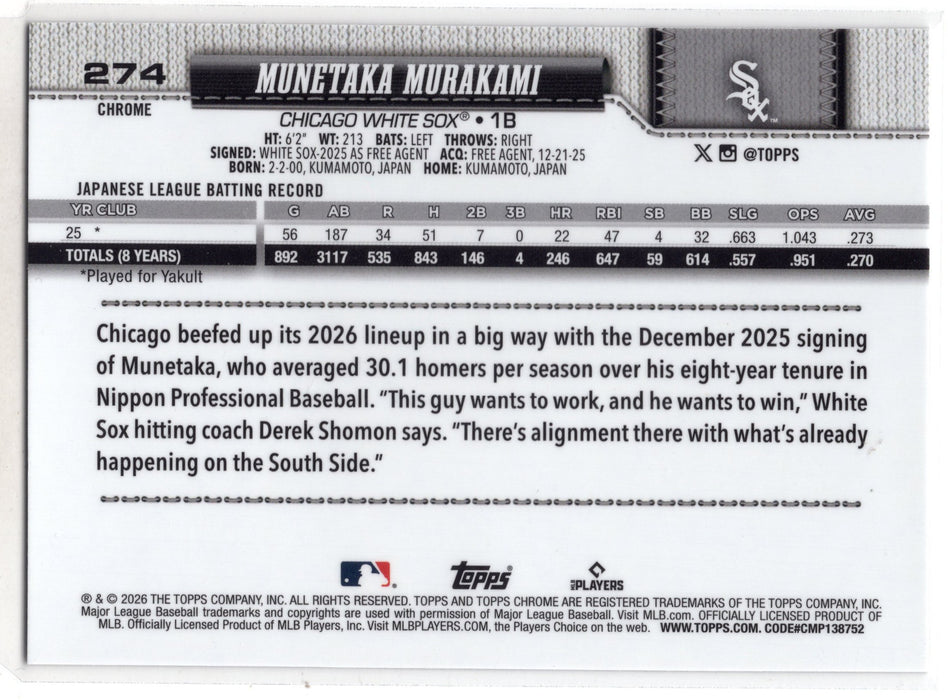 2026 Topps Chrome Munetaka Murakami #274 Refractor RC Rookie B