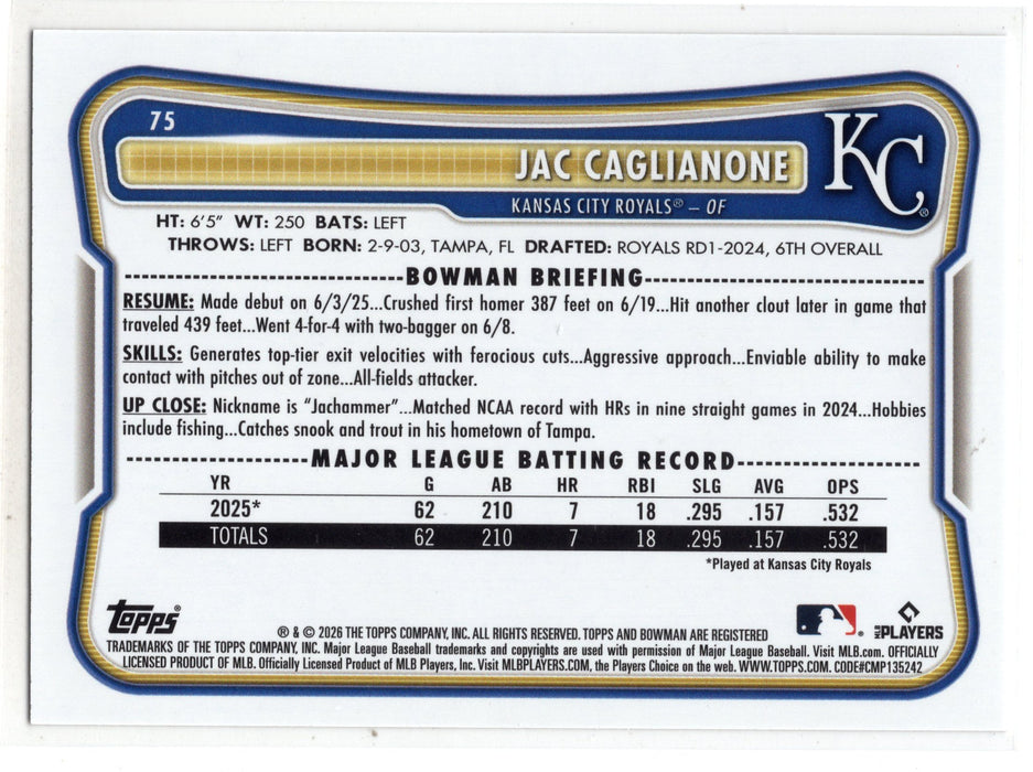 2026 Bowman Jac Caglianone #75 Gold RC Rookie /50