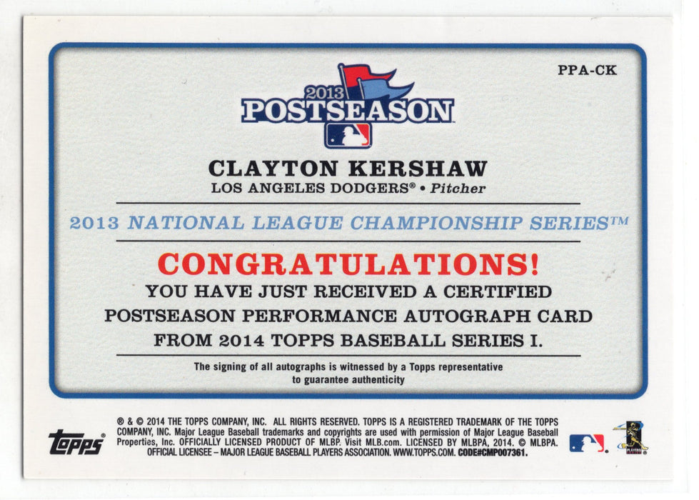 2014 Topps Series 1 Clayton Kershaw #PPA-CK Postseason Performance Auto /50