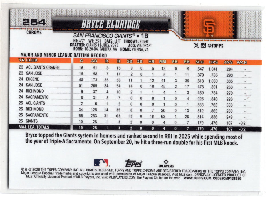 2026 Topps Chrome Bryce Eldridge #254 Negative Refractor RC Rookie SP