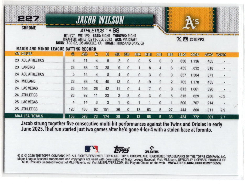 2026 Topps Chrome Jacob Wilson #227 Green Wave Refractor /99