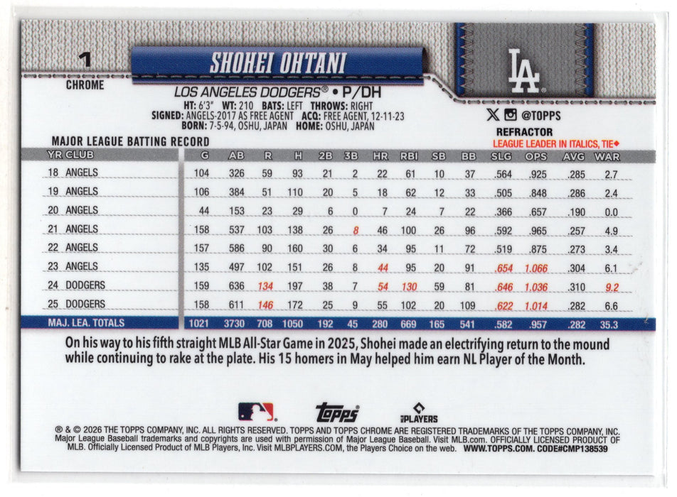2026 Topps Chrome Shohei Ohtani #1 Refractor