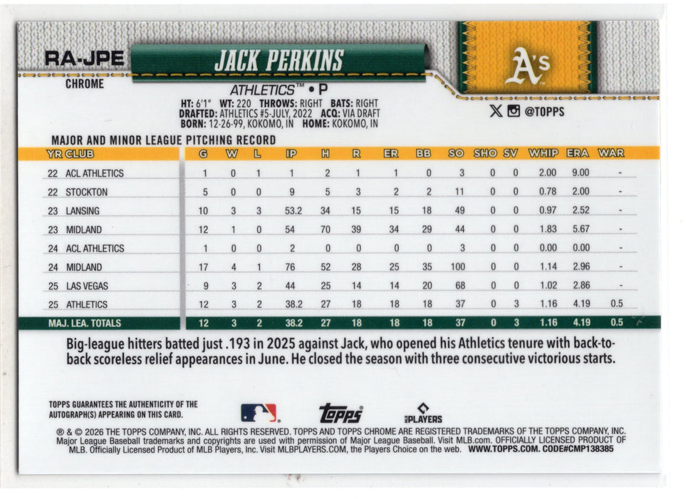 2026 Topps Chrome Jack Perkins #RA-JPE White Refractor Color Match Auto /30