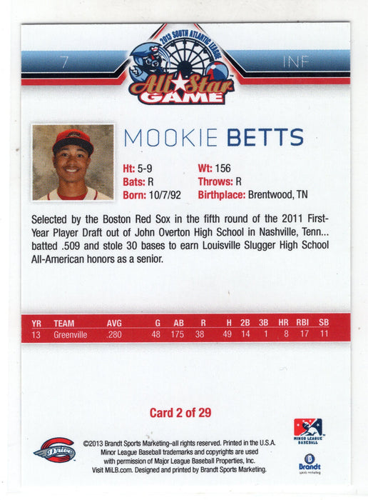 2013 Brandt South Atlantic League Mookie Betts #2 All-Star
