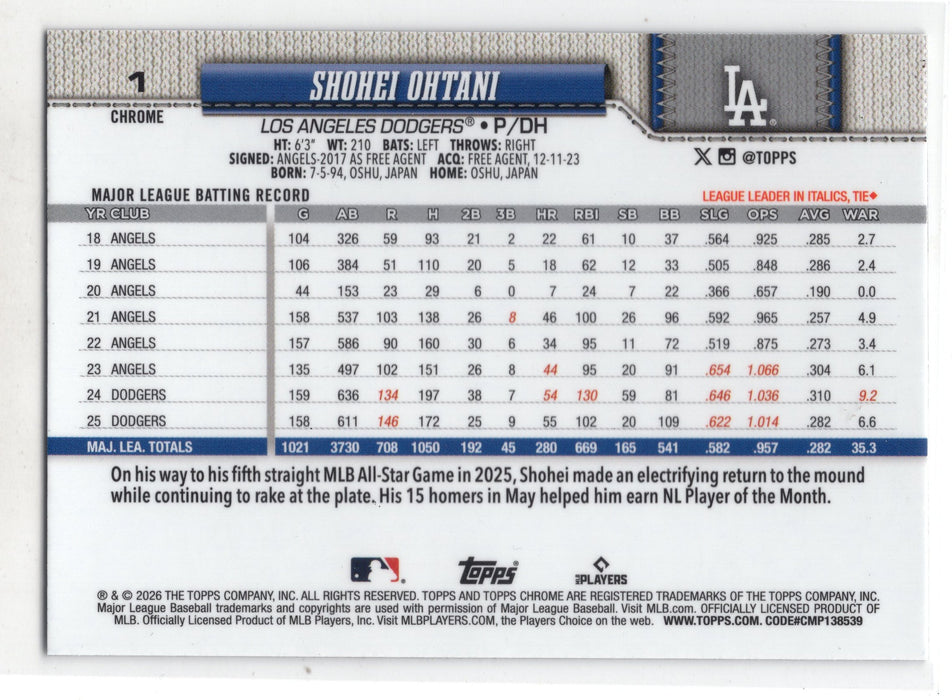 2026 Topps Chrome Shohei Ohtani #1 Negative Refractor