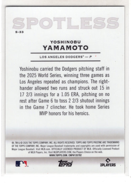 2026 Topps Pristine Yoshinobu Yamamoto #S-33 Spotless Refractor /75
