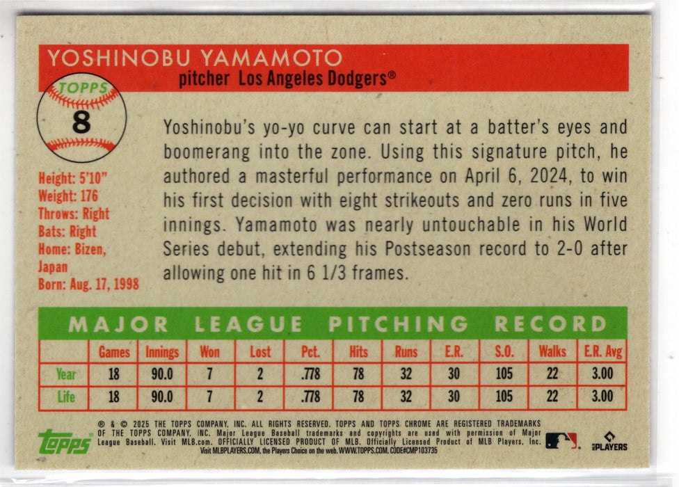2025 Topps Chrome Platinum Yoshinobu Yamamoto #8 Purple Vibrations /250
