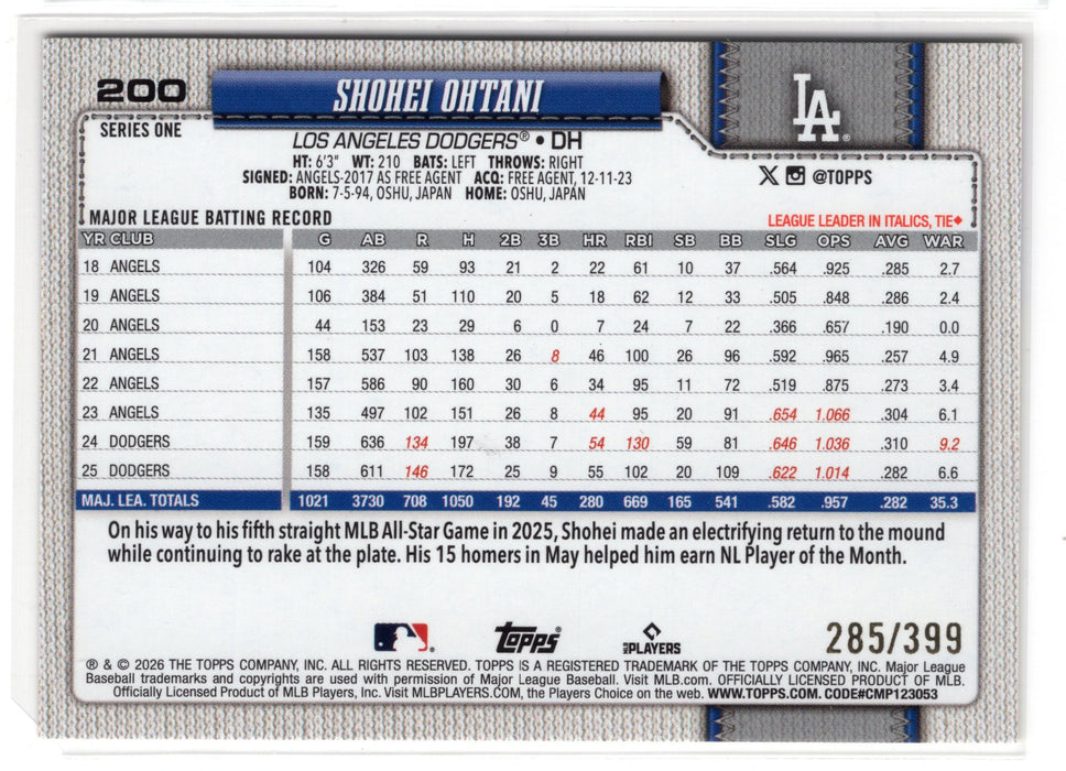 2026 Topps Series 1 Shohei Ohtani #200 Yellow Sandglitter /399