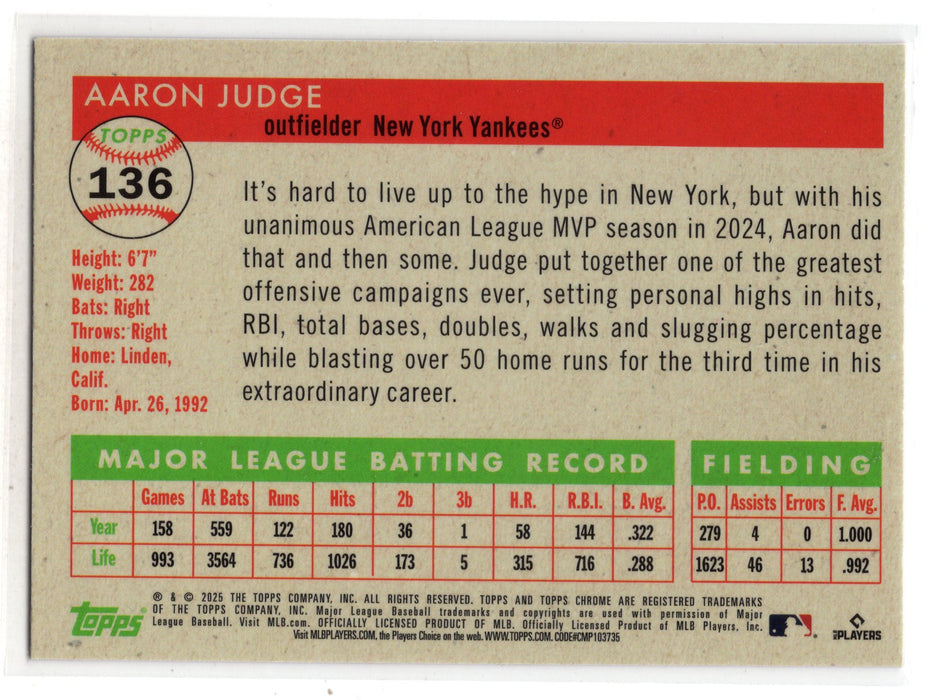 2025 Topps Chrome Platinum Aaron Judge #136 Fuschia Refractor /100