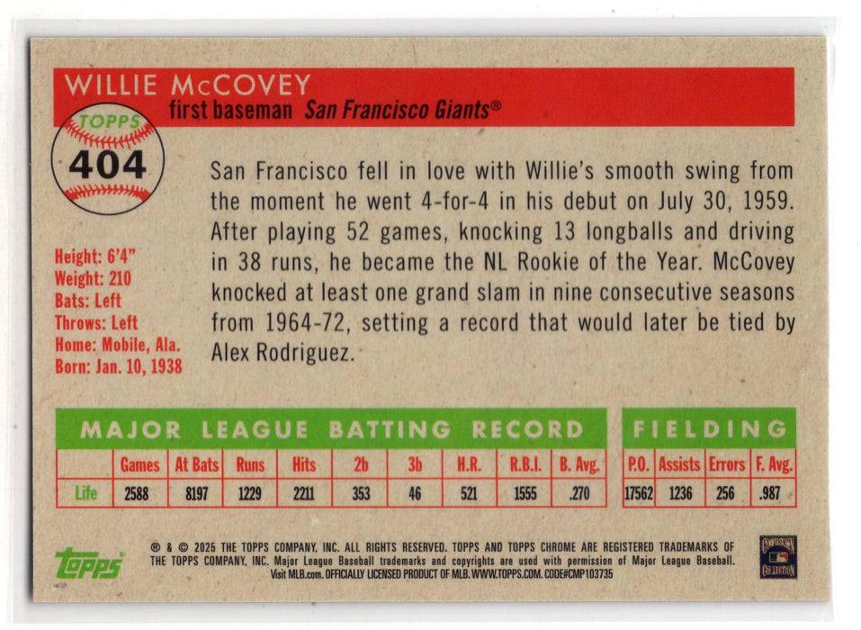 2025 Topps Chrome Platinum Willie McCovey #404 Gold Refractor /50