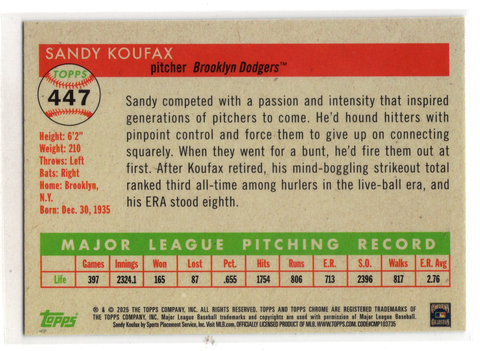 2025 Topps Chrome Platinum Sandy Koufax #447 Green Vibrations /99