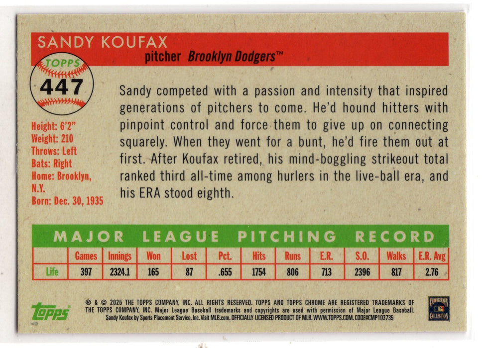 2025 Topps Chrome Platinum Sandy Koufax #447 Fuschia Refractor /100