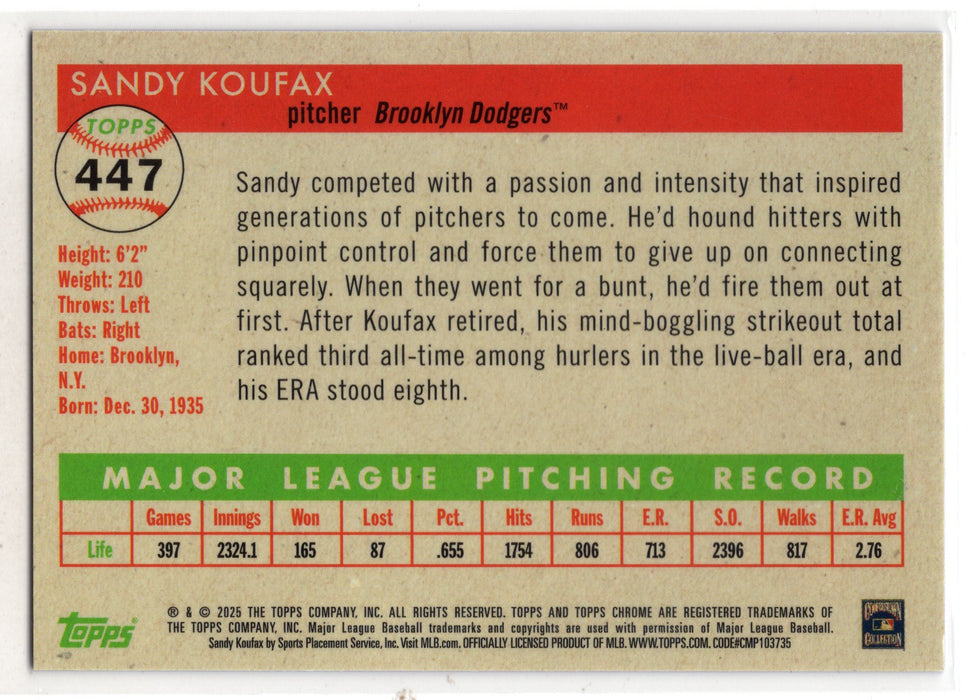2025 Topps Chrome Platinum Sandy Koufax #447 Blue Mini Diamond 198/199