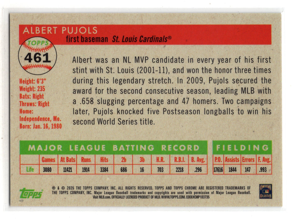 2025 Topps Chrome Platinum Albert Pujols #461 Gold Toile Refractor /50