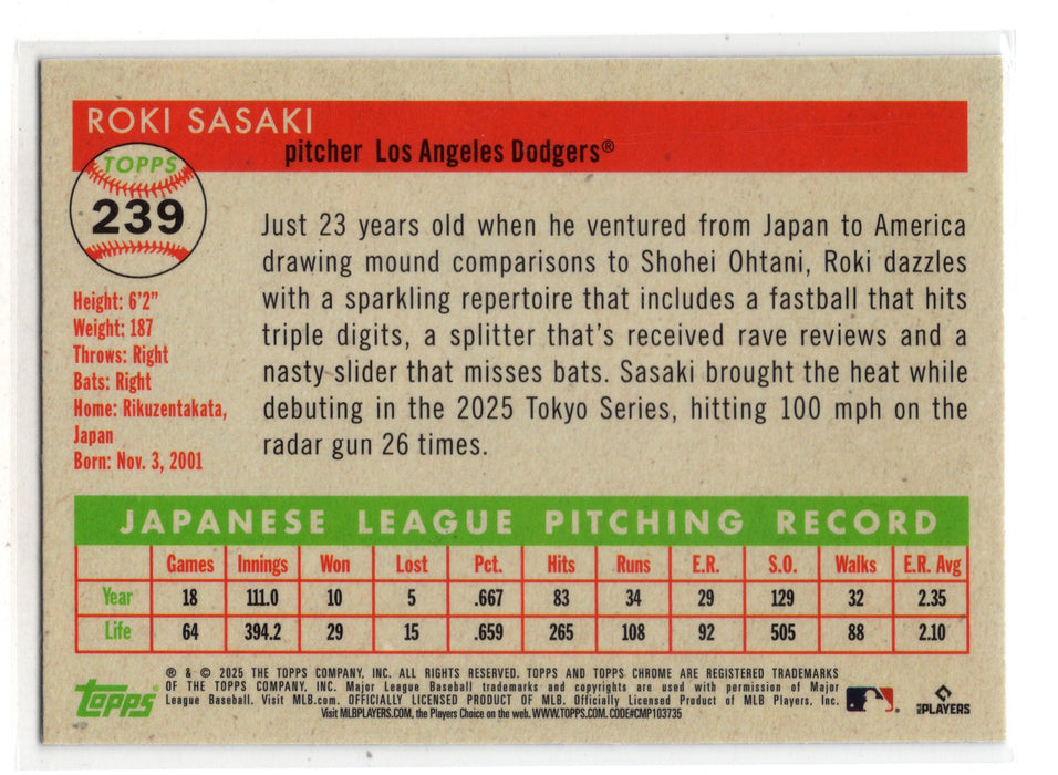 2025 Topps Chrome Platinum Roki Sasaki #239 Purple Vibration RC Rookie /250