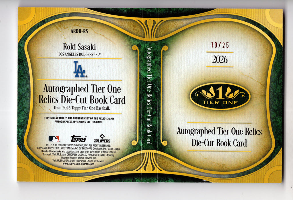 2026 Topps Tier One Roki Sasaki #ARDB-RS GU Relic Die-Cut Auto Book Card /25