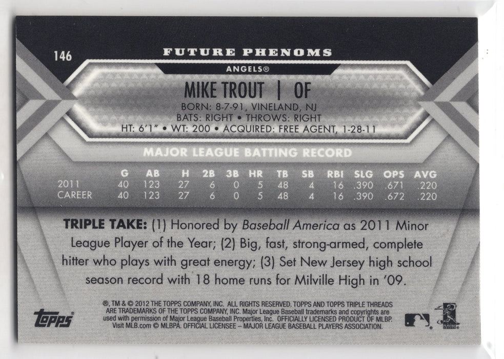 2012 Topps Triple Threads Mike Trout #146 Future Phenoms Patch Auto /99