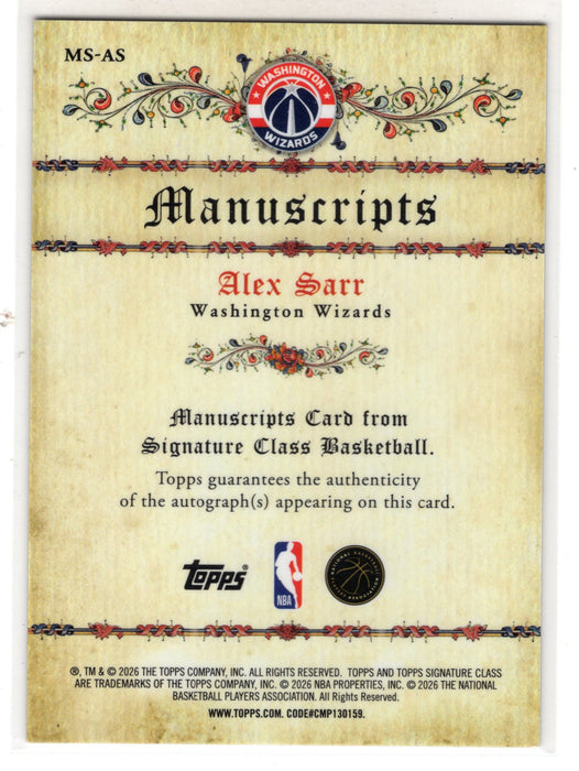 2026 Topps Signature Class Alex Sarr #MS-AS Manuscripts Auto