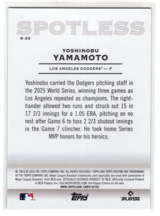 2026 Topps Pristine Yoshinobu Yamamoto #S-33 Spotless Gold Refractor /50