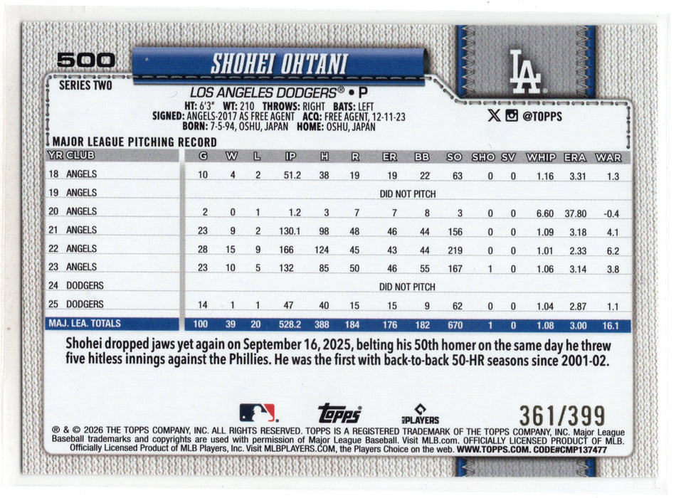 2026 Topps Series 2 Shohei Ohtani #500 Yellow Foil /399