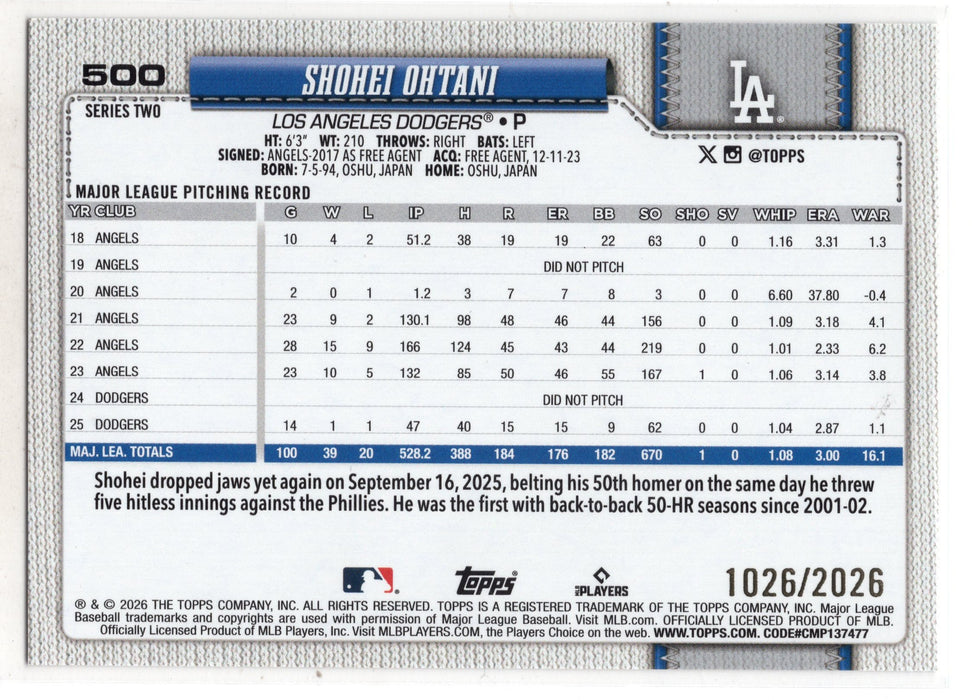 2026 Topps Series 2 Shohei Ohtani #500 Gold /2026
