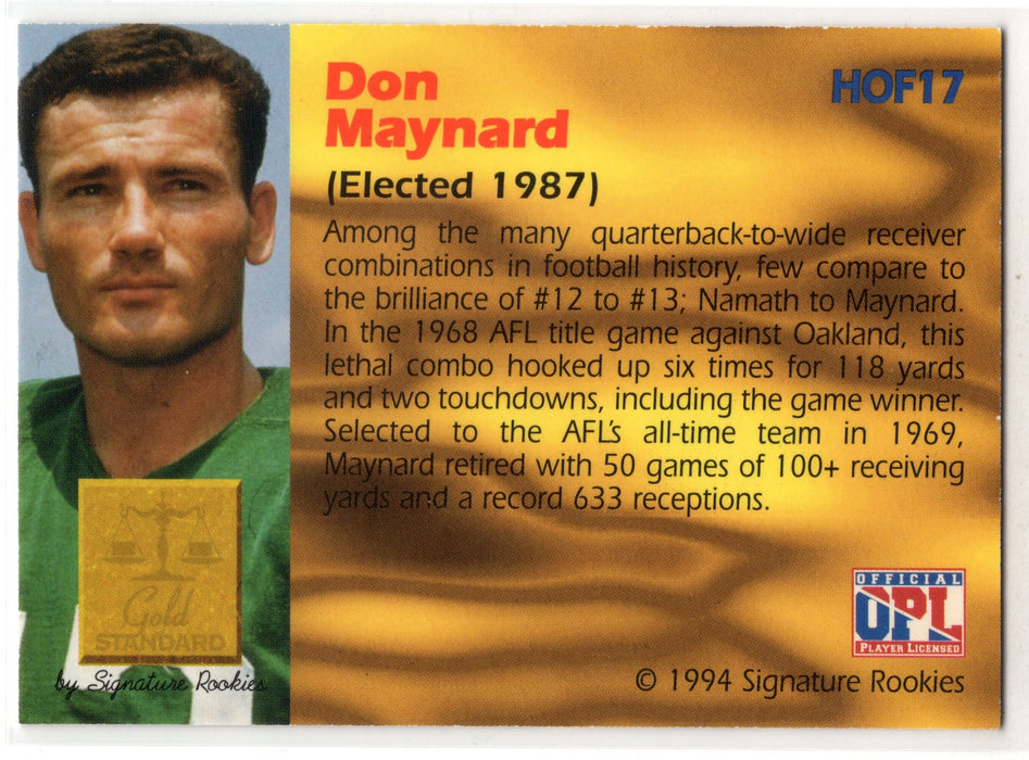 1994 Signature Rookies Hall of Fame Don Maynard #HOF14 Gold Standard Auto /2500