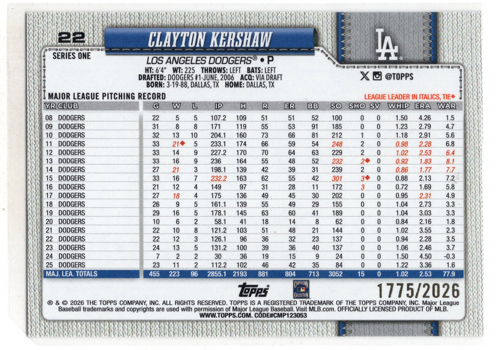 2026 Topps Series 1 Clayton Kershaw #22 Gold /2026